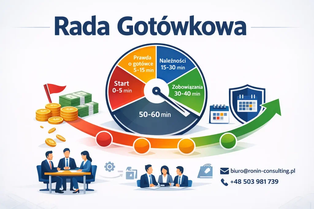 Rada Gotówkowa to 60-minutowy, tygodniowy system kontroli płynności finansowej w MŚP. Jasna agenda, R/A/G, decyzje zarządcze i realna kontrola cash flow bez chaosu.