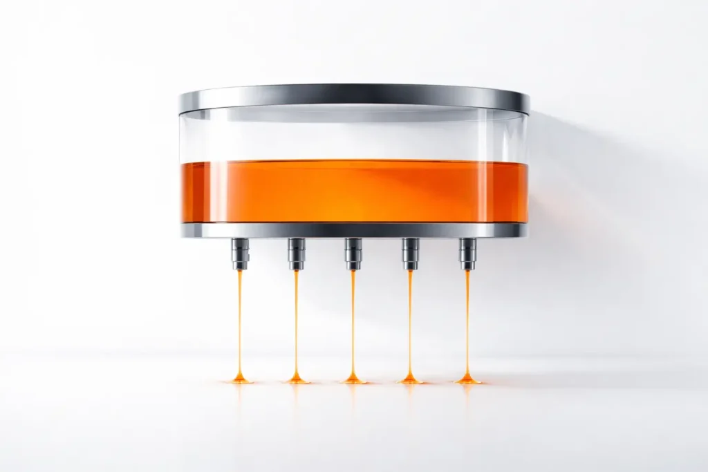 Przezroczysty zbiornik z pomarańczową cieczą opróżnia się przez pięć dolnych zaworów, symbolizując pięć obszarów, przez które firma traci marżę.