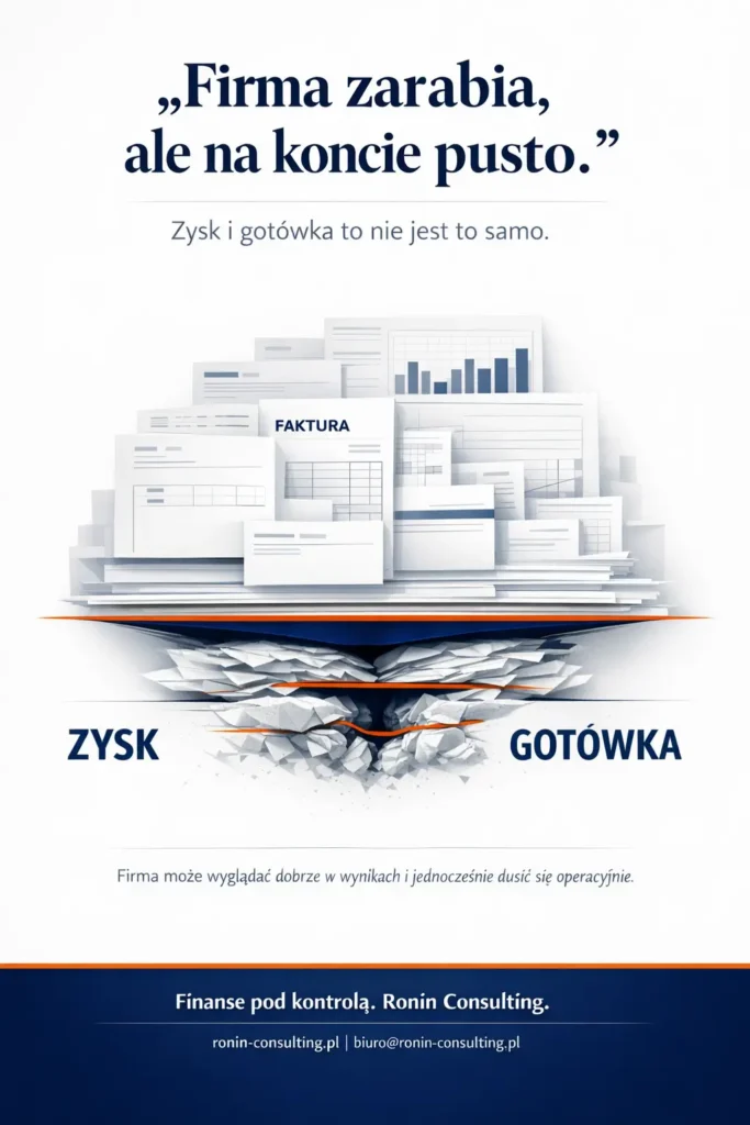 Firma zarabia, ale nie ma gotówki — grafika o płynności finansowej i napięciu między zyskiem a gotówką w firmie.