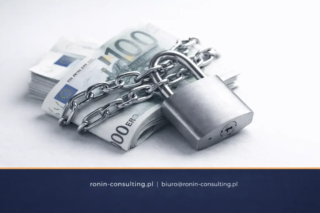 Uwięziona gotówka w firmie – banknoty euro spięte łańcuchem i kłódką jako symbol problemów z płynnością finansową