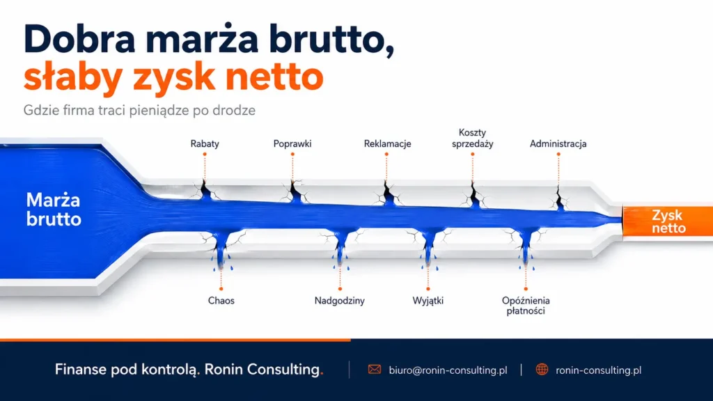 Schemat pokazujący, jak dobra marża brutto zmniejsza się po drodze przez rabaty, reklamacje, poprawki, koszty sprzedaży, administrację i chaos, zostawiając słabszy zysk netto.