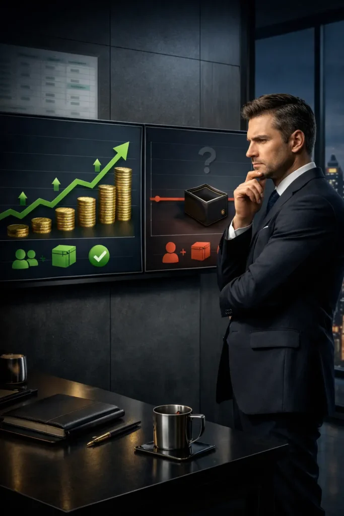 Mężczyzna w garniturze analizuje dwa wykresy w biurze – rosnącą sprzedaż (zielona linia) i płaski zysk (czerwona linia), symbol problemu spadającej rentowności firmy