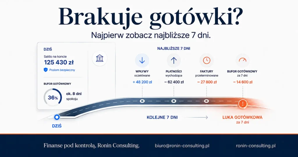 Grafika pokazuje 7-dniowy widok gotówki, wpływów, płatności i ryzyka braku płynności finansowej.