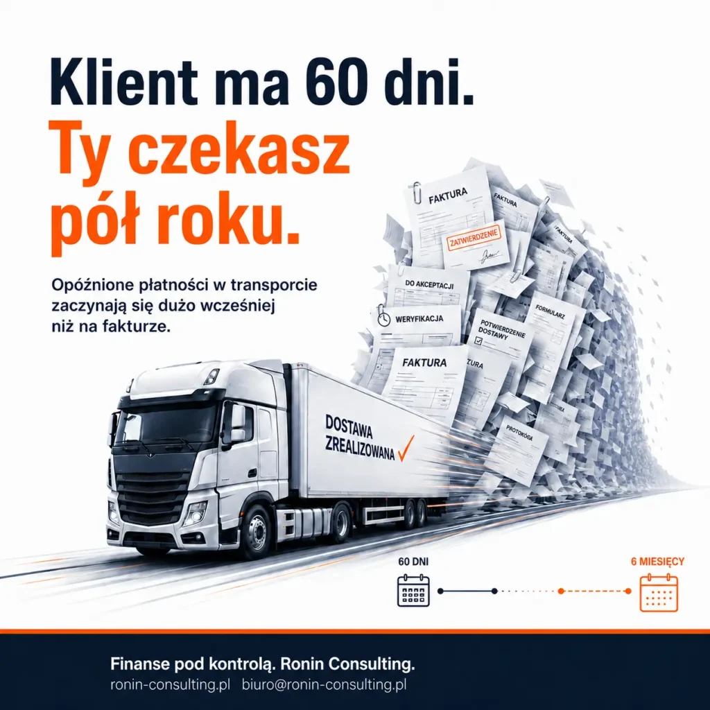 Nowoczesna grafika Ronin Consulting pokazująca ciężarówkę w transporcie, za którą ciągnie się fala dokumentów, faktur i akceptacji. Hasło: „Klient ma 60 dni. Ty czekasz pół roku.” Grafika dotyczy opóźnionych płatności w transporcie i wpływu biurokracji na gotówkę firmy.