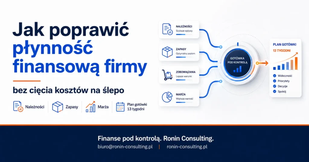 Grafika pokazuje, jak poprawić płynność finansową firmy przez kontrolę należności, zapasów, zobowiązań, marży i 13-tygodniowy plan gotówki.