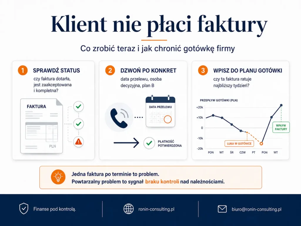 Grafika pokazuje, co zrobić, gdy klient nie płaci faktury: sprawdzić status faktury, zadzwonić po konkretną datę przelewu i wpisać płatność do planu gotówki.