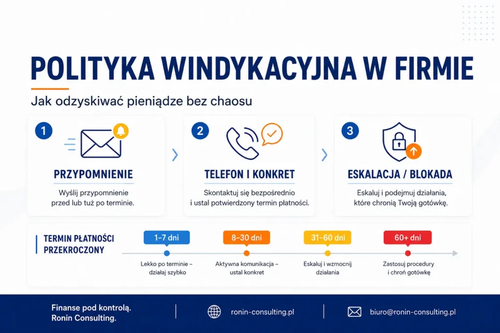 Grafika pokazuje prostą politykę windykacyjną w firmie: przypomnienie, telefon po konkret, eskalację lub blokadę oraz podział opóźnień płatności na 1–7, 8–30, 31–60 i 60+ dni.