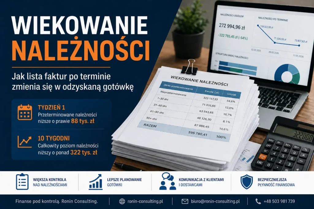 Grafika pokazuje wiekowanie należności w firmie, spadek przeterminowanych faktur o prawie 88 tys. zł w pierwszym tygodniu oraz niższy poziom należności o ponad 322 tys. zł po 10 tygodniach.