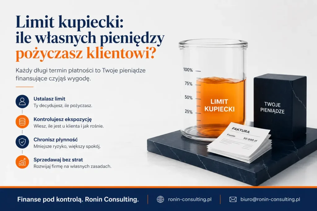 Grafika wyjaśniająca limit kupiecki i pokazująca, ile własnych pieniędzy firma pożycza klientowi przy sprzedaży z odroczonym terminem płatności.