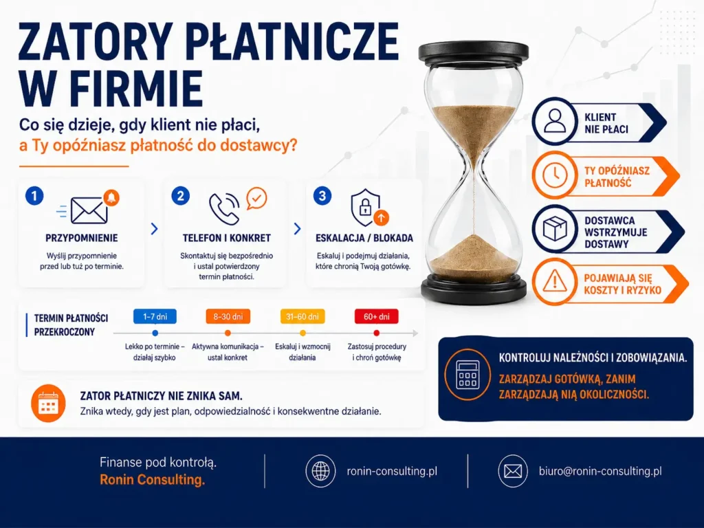 Grafika pokazuje zatory płatnicze w firmie: klient nie płaci, firma opóźnia płatność do dostawcy, dostawca może wstrzymać dostawy, a koszty i ryzyko rosną.