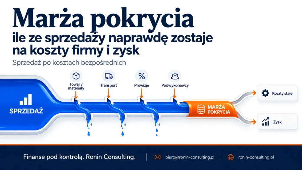 Grafika pokazująca marżę pokrycia jako część sprzedaży pozostającą po odjęciu kosztów towarów, materiałów, transportu, prowizji i podwykonawców.