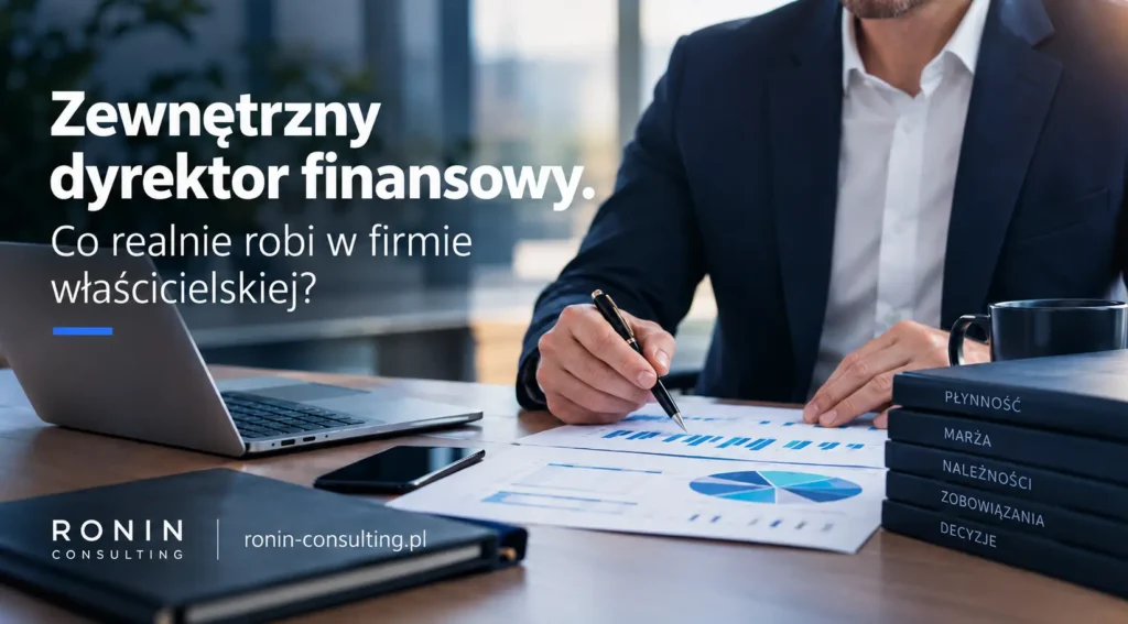 Grafika przedstawia zewnętrznego dyrektora finansowego przy pracy nad analizą finansową firmy. Na biurku widać laptop, wykresy i dokumenty, a obok ułożone hasła: płynność, marża, należności, zobowiązania i decyzje.